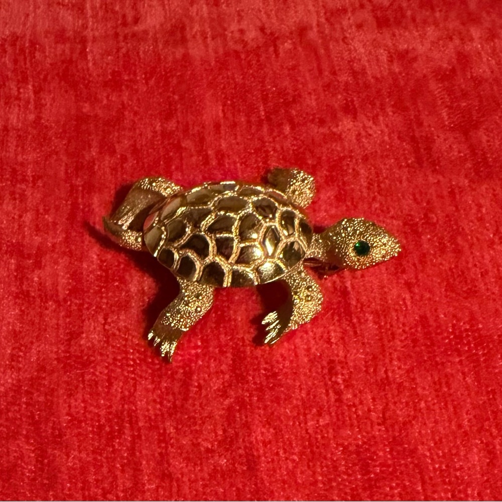 Monet Gold Turtle Brooch with Green Eye